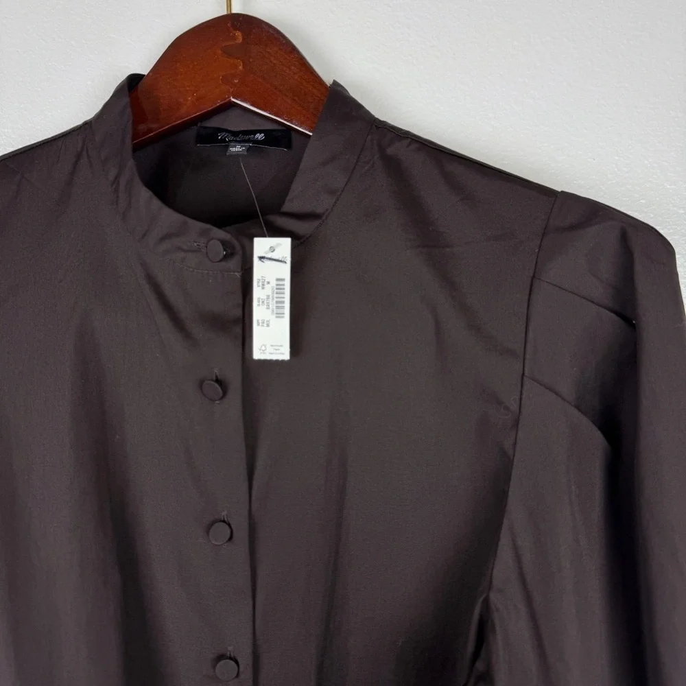 Madewell Button Up Band Collar Pleated Puff Sleeve Shirt Brown Size M NWT